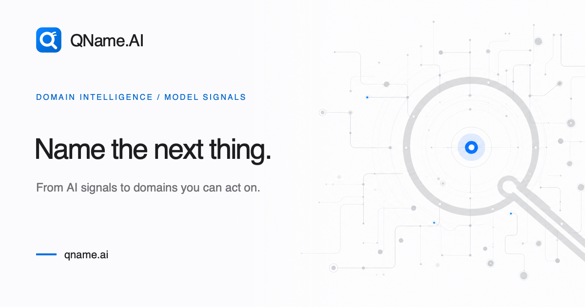 QName.AI Open Graph preview with a blue domain signal on a fog-white technical map