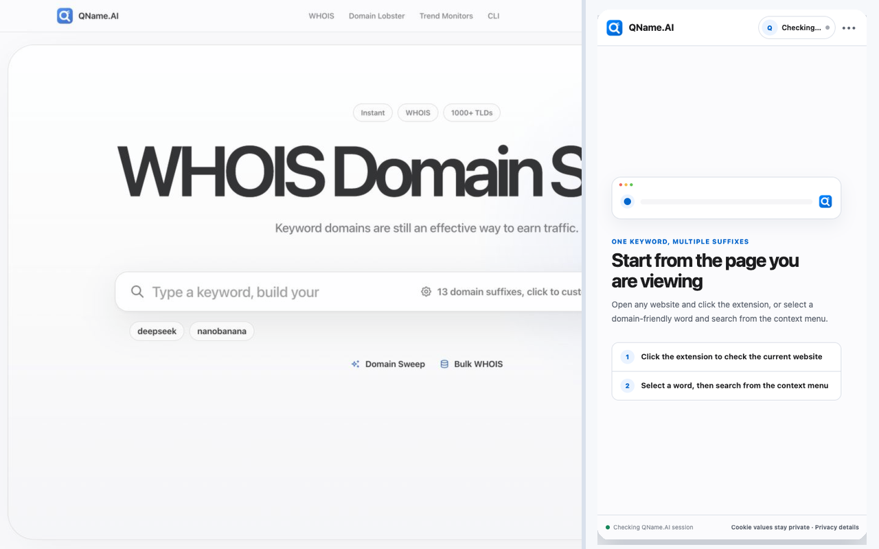 English onboarding for the QName AI extension, including current-page and selected-text entry points.