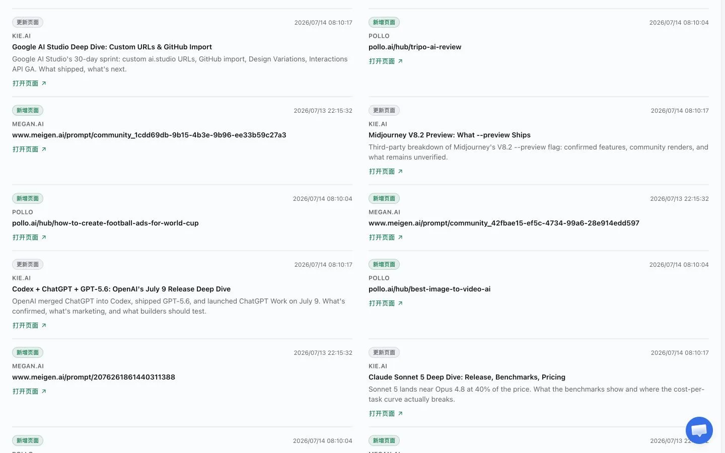 Recent page signals in QName AI sitemap monitoring, showing new and updated competitor pages