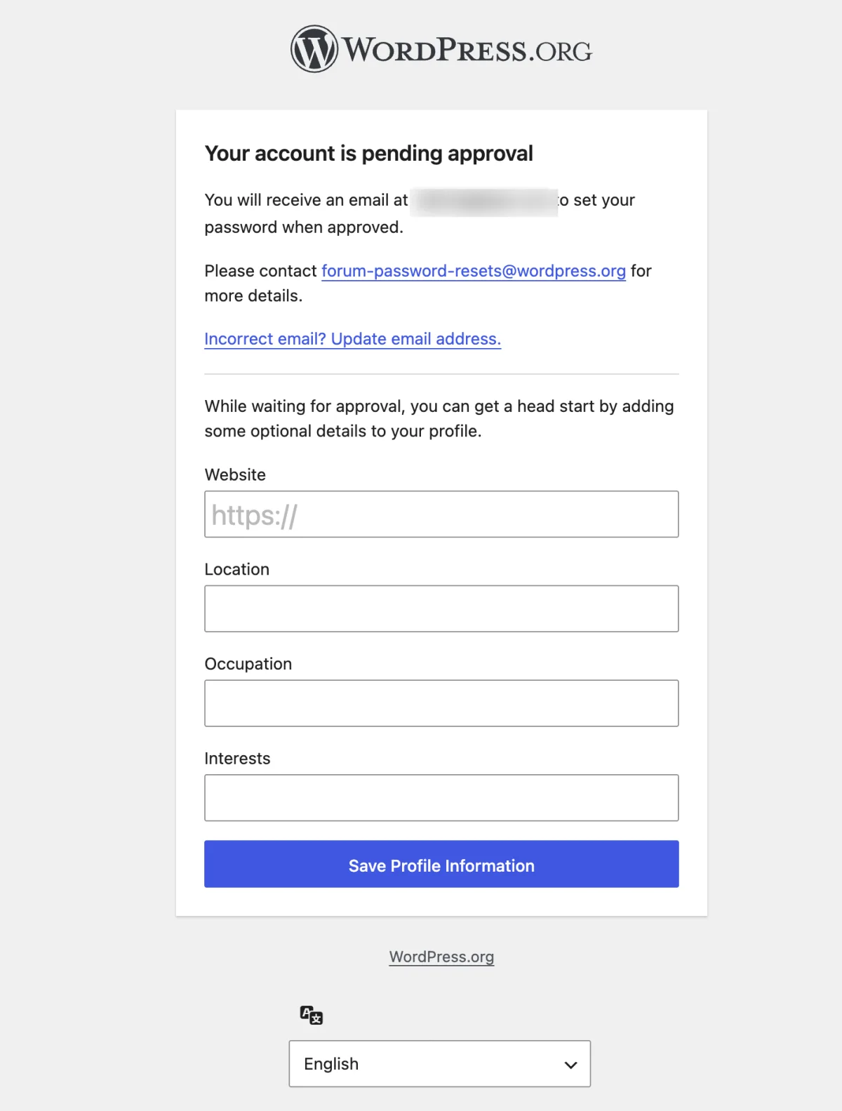The pending approval page shown after a successful WordPress.org account registration.