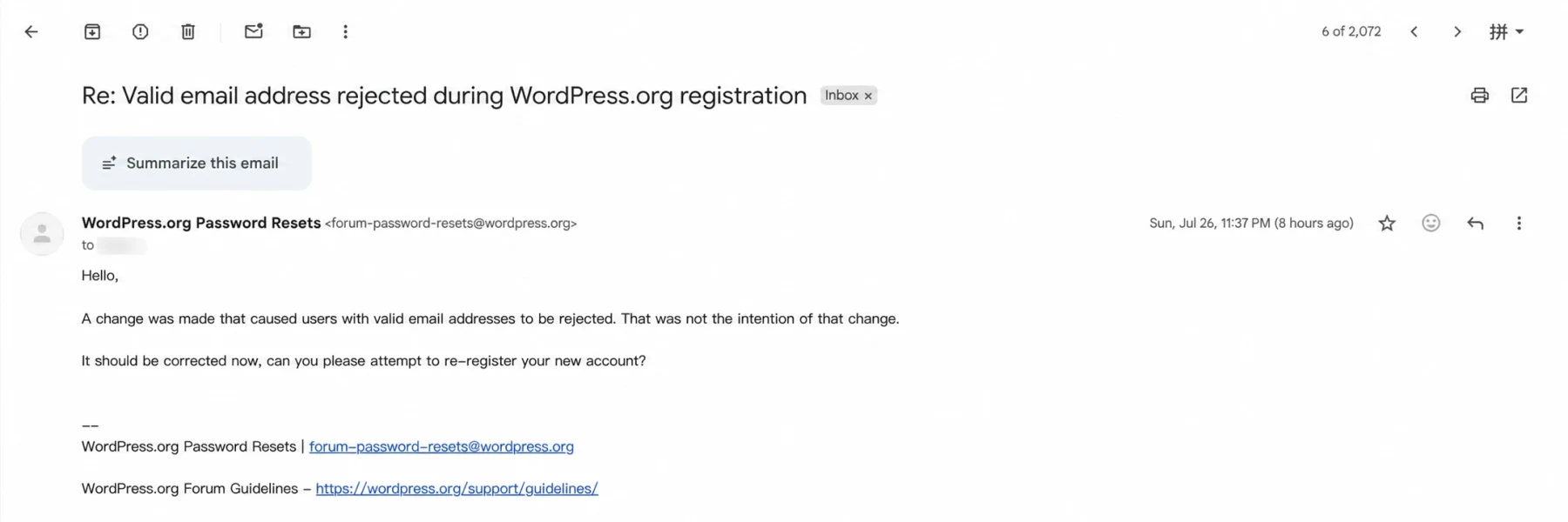 WordPress.org support confirming that a change had rejected valid email addresses and asking me to register again.